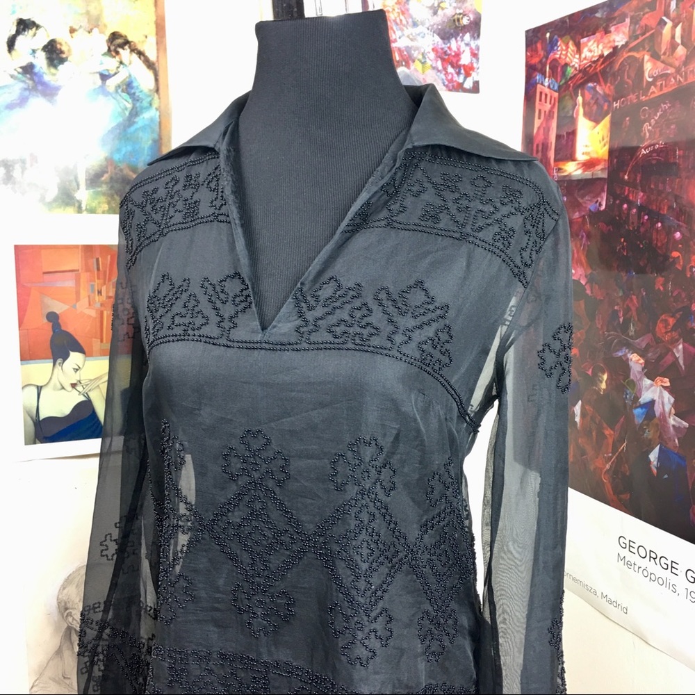MEGAN PARK black sheer silk beaded collared blouse